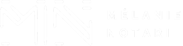 Logo blanc sur fond noir. Les lettres "M" et "N" stylisées en contour sont à gauche, le nom "MÉLANIE NOTARI" est à droite.