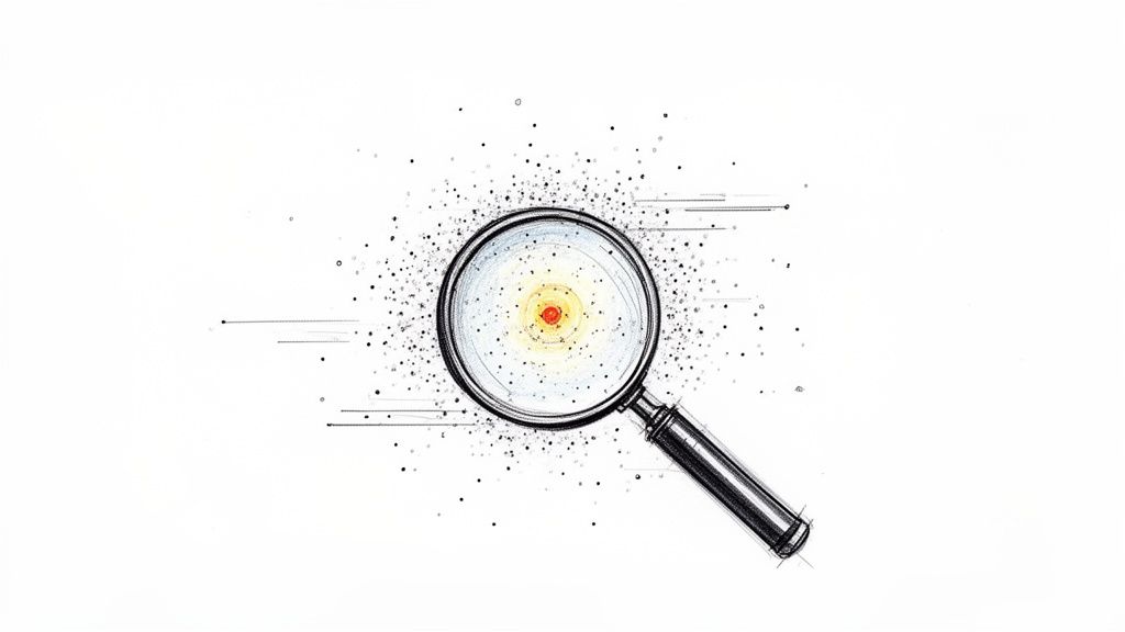 A detailed illustration of a magnifying glass focusing on a bright red dot, surrounded by numerous small black dots and lines.