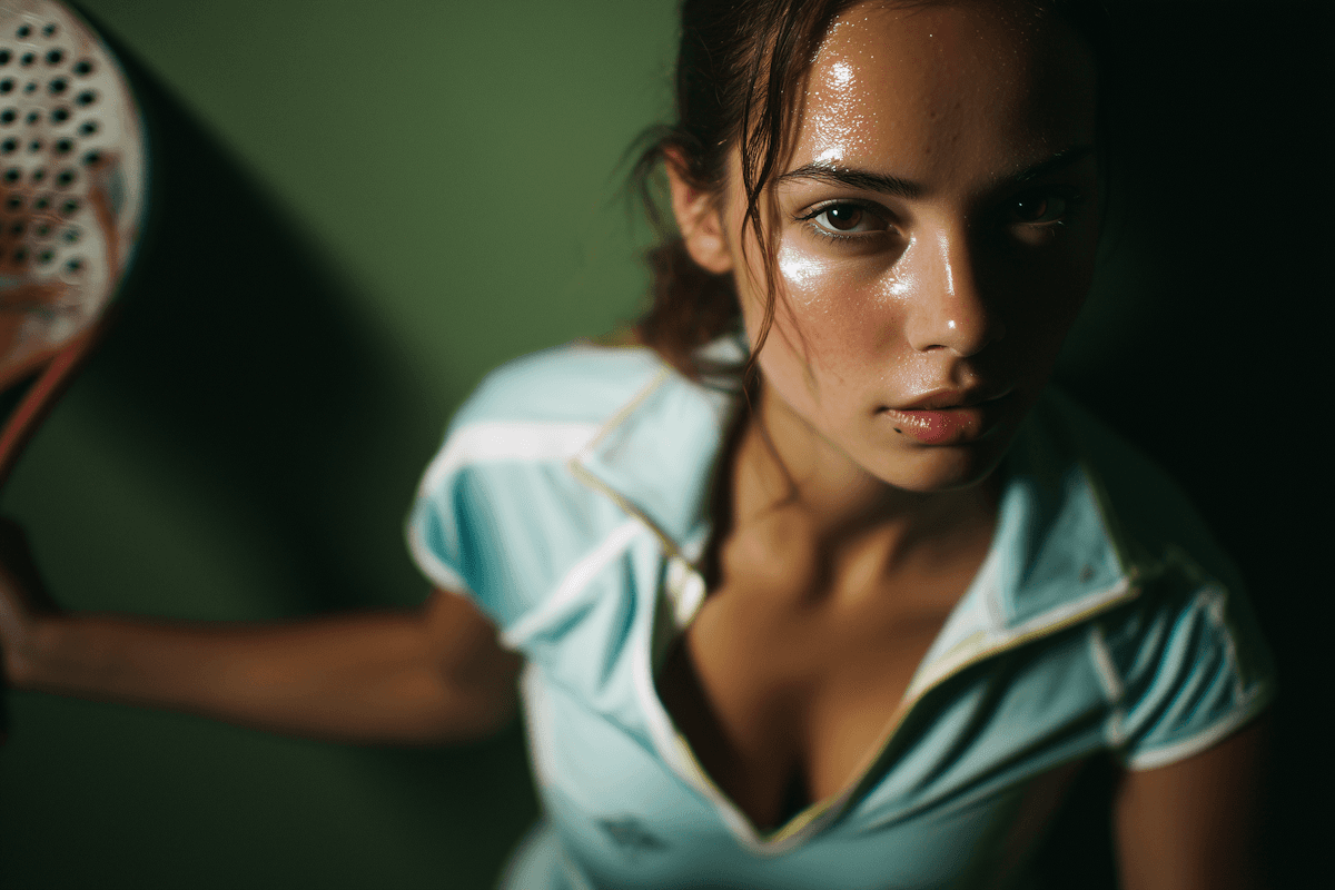 A woman in athletic attire, holding a tennis racket, gazes intently, her skin glistening with sweat, conveying determination and focus.