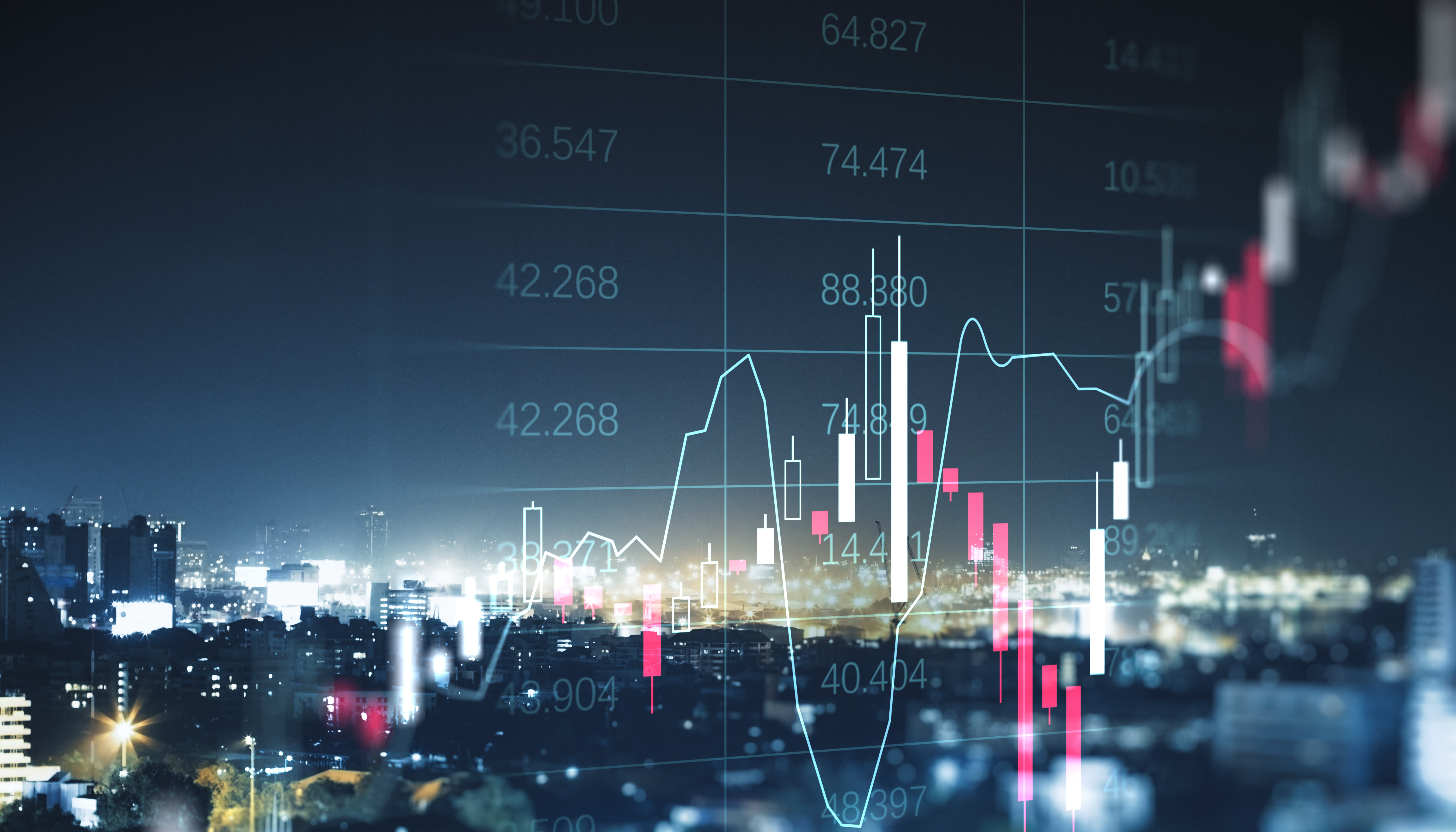 Night-time city skyline overlaid with charts and market data, illustrating financial markets, currency exchange-rate movements.