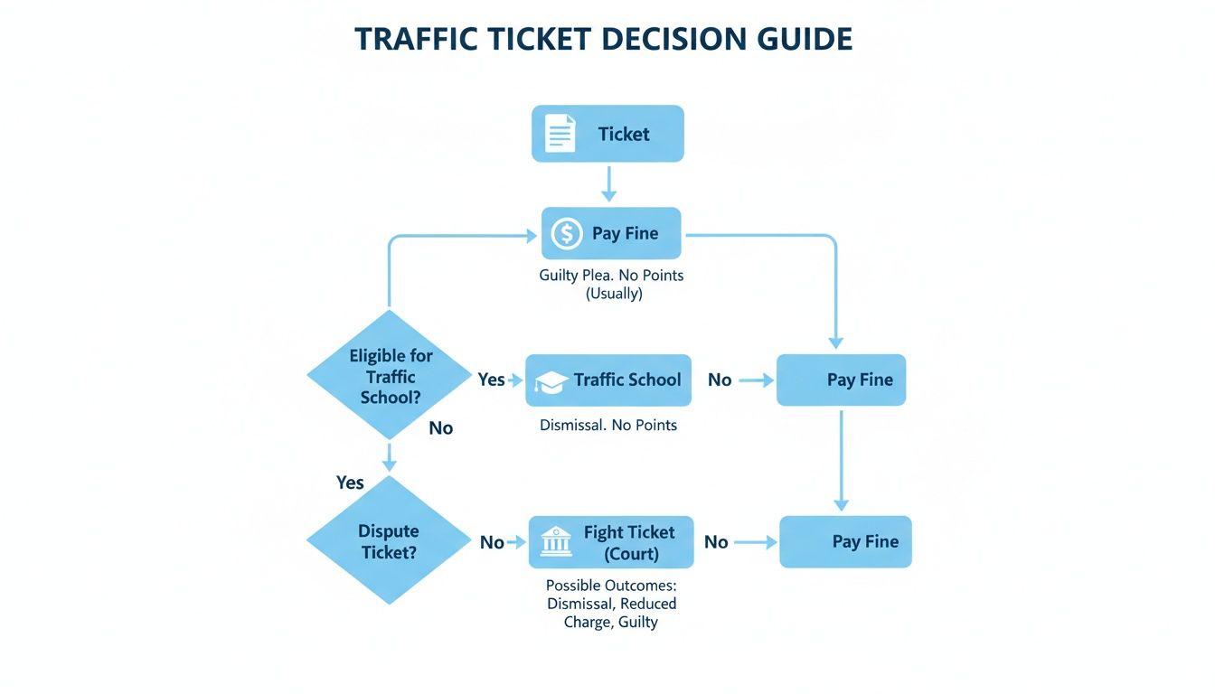 A flowchart titled 'Traffic Ticket Decision Guide' outlining options for handling a traffic ticket.