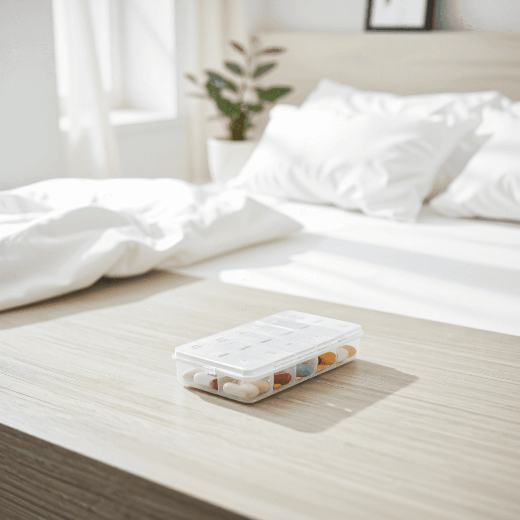 product photography of a weekly pill organizer for medication management