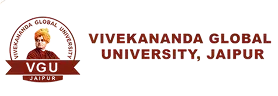 The logo of Vivekananda Global University, Jaipur, features an intricate red emblem with a traditional figure wearing an orange turban, accompanied by red text displaying the university's name, promoting UG/PG online degree programs with EazyGrad's unbiased counselling.