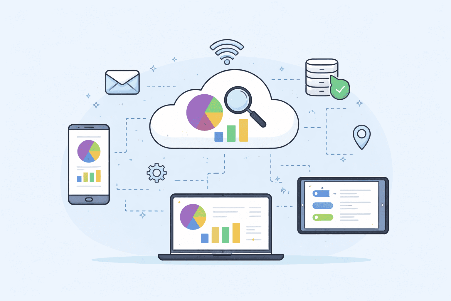 Sleek dark-themed illustration showing data analytics dashboards, abstract charts, and decision-making visuals representing the types of analytics framework.
