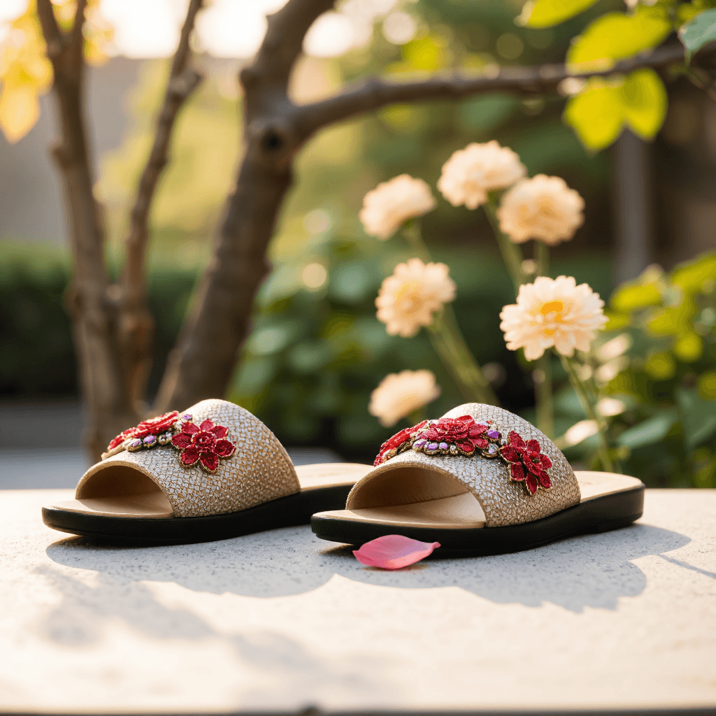 product photography of a pair of decorative slide sandals