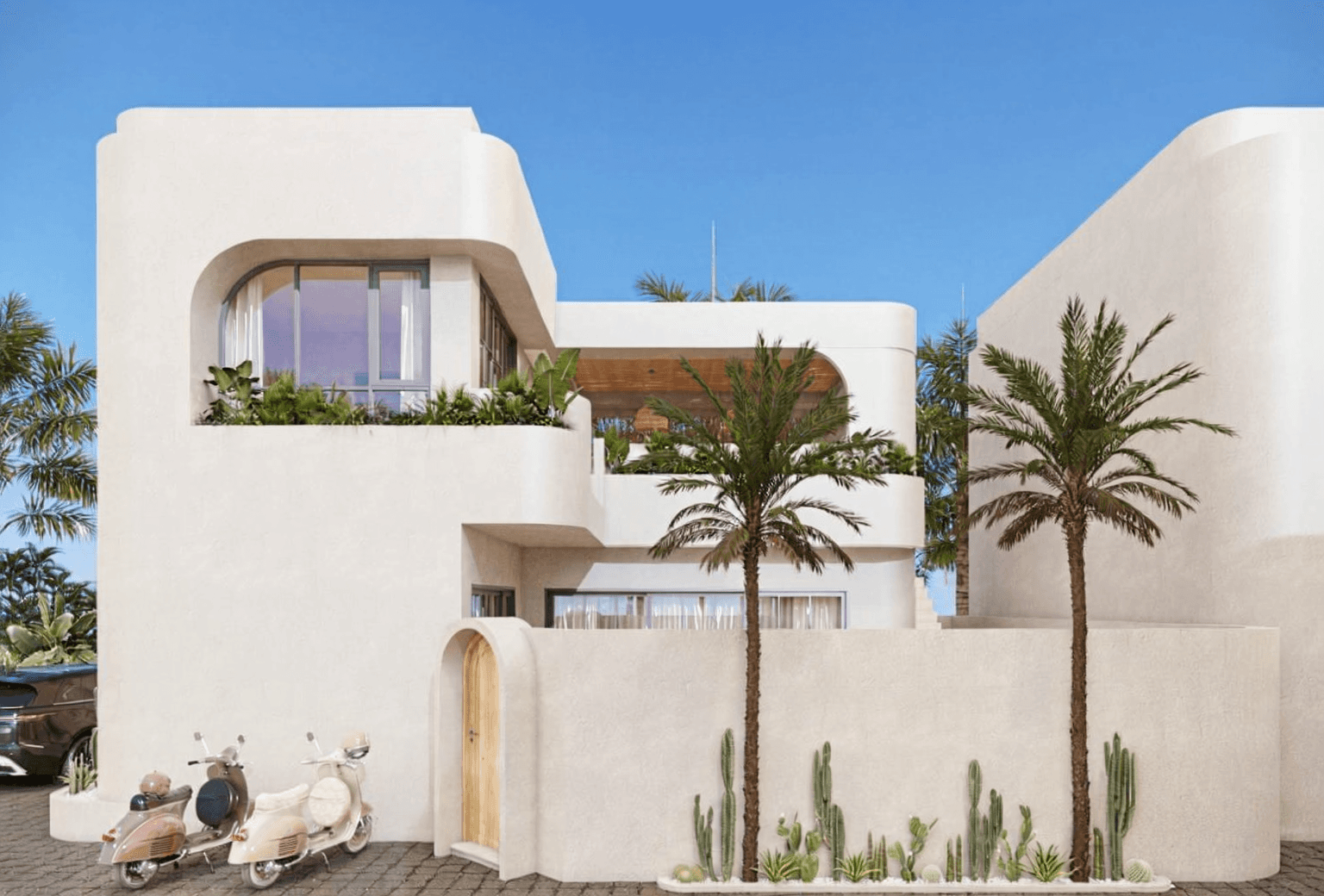 Modern white Uluwatu villa exterior with palm trees, presented by your expert Bali real estate agent.