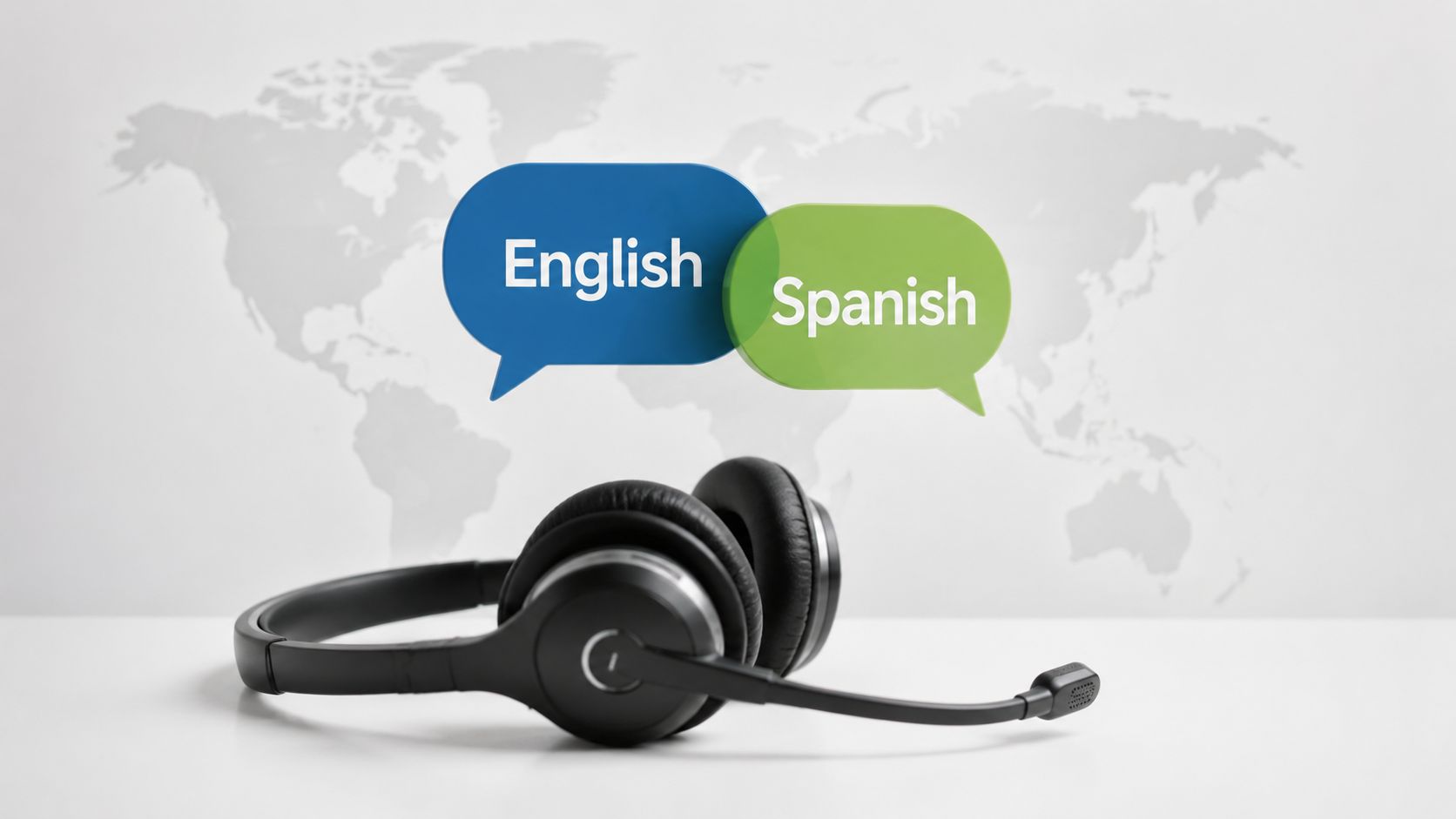 A black headset sitting on a white desk with English and Spanish language speech bubbles above.