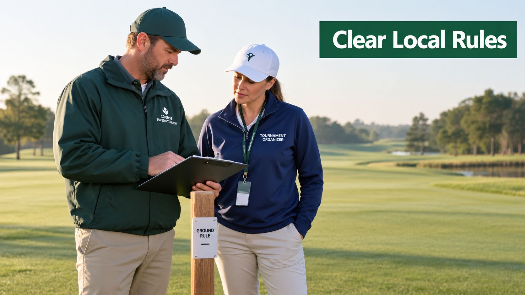 A course superintendent and tournament organizer reviewing golf tournament rules on a clipboard outdoors.