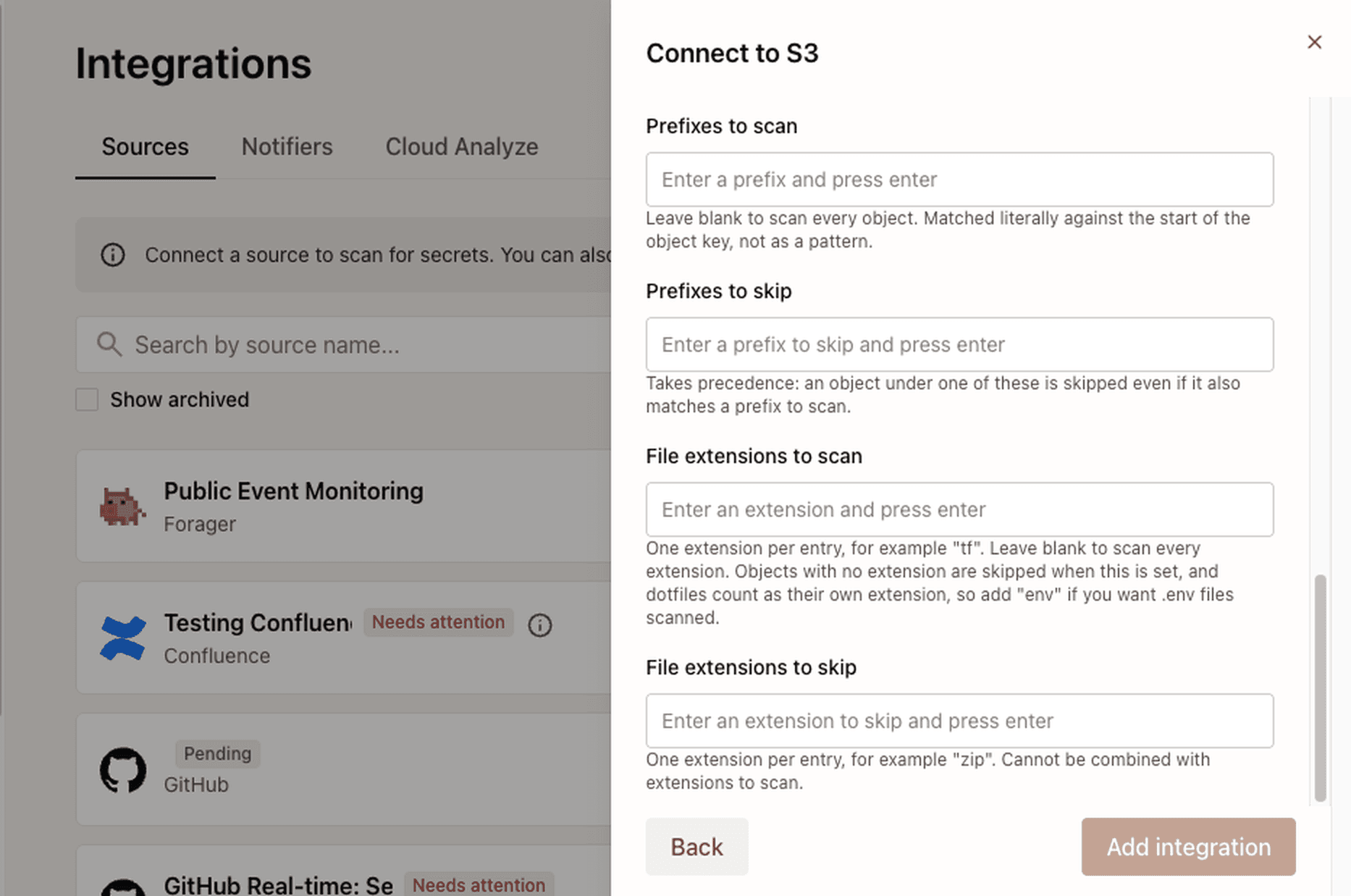 The Connect to S3 panel in TruffleHog Enterprise, with fields for prefixes to scan, prefixes to skip, file extensions to scan, and file extensions to skip.