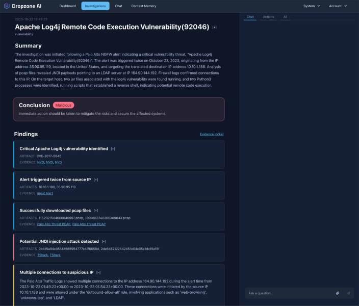 Dropzone AI investigation of an Apache Log4j remote code execution alert with a malicious conclusion.