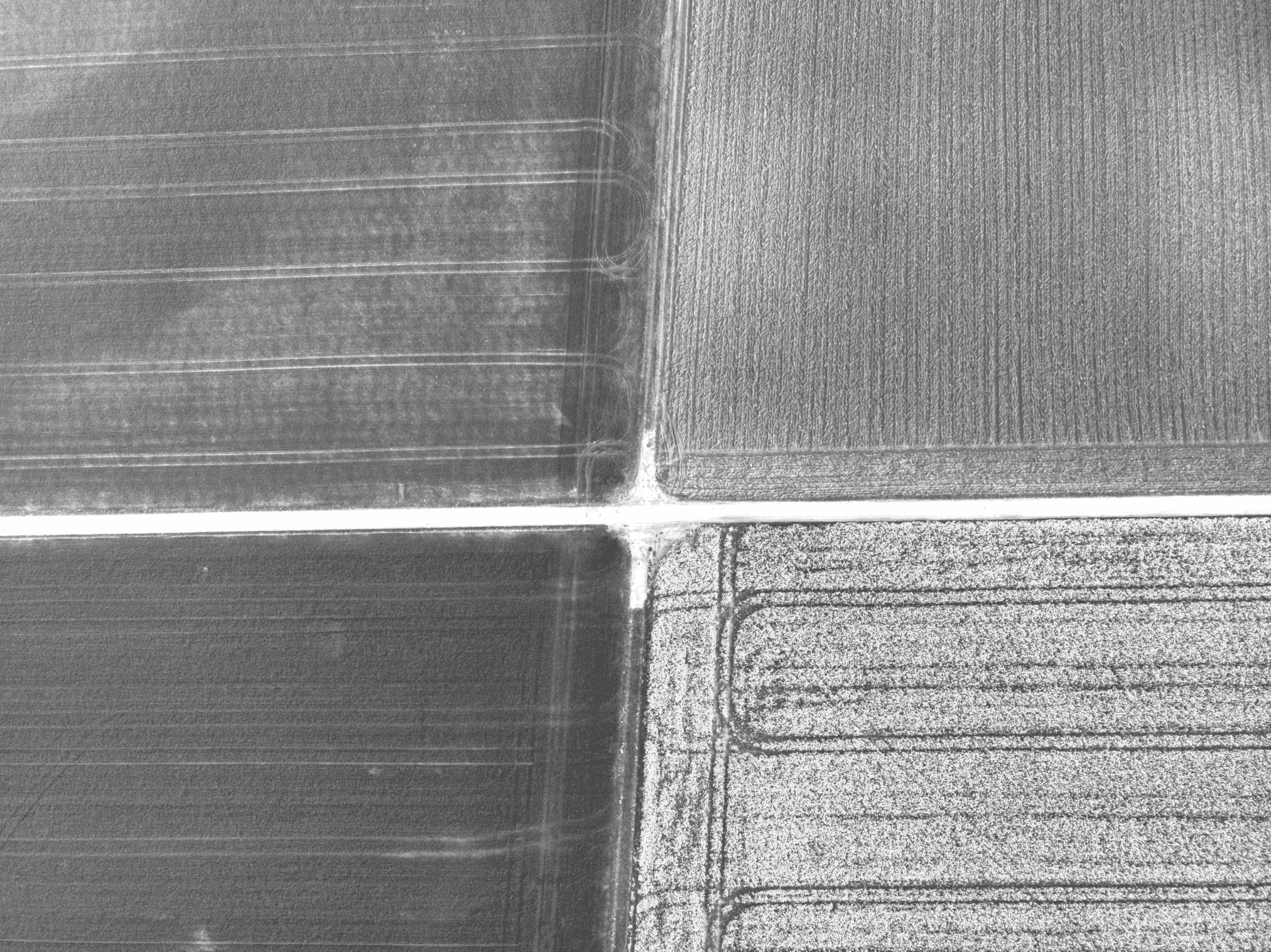 aerial view of a farm field with a tractor in the middle of it