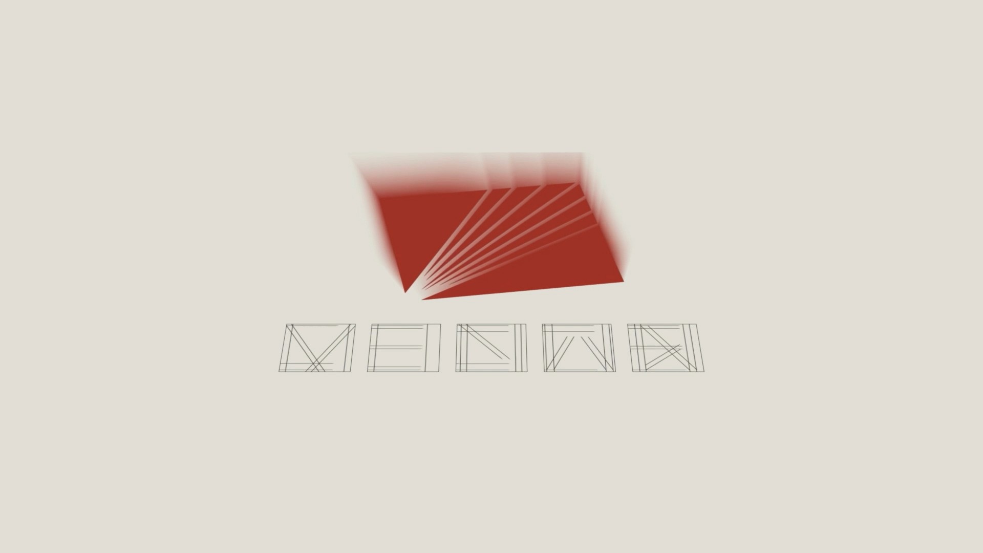 Kinetic brand identity sequence showing a 3D perspective array of a red radiating fan emblem floating above wireframe typographic design grids for the Menar logo animation.