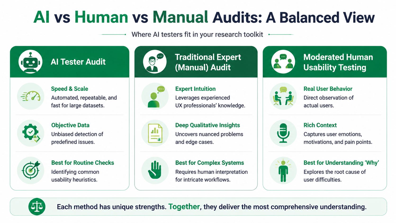 A comparison chart outlining the unique benefits of AI tester audits, traditional expert audits, and moderated usability testing.