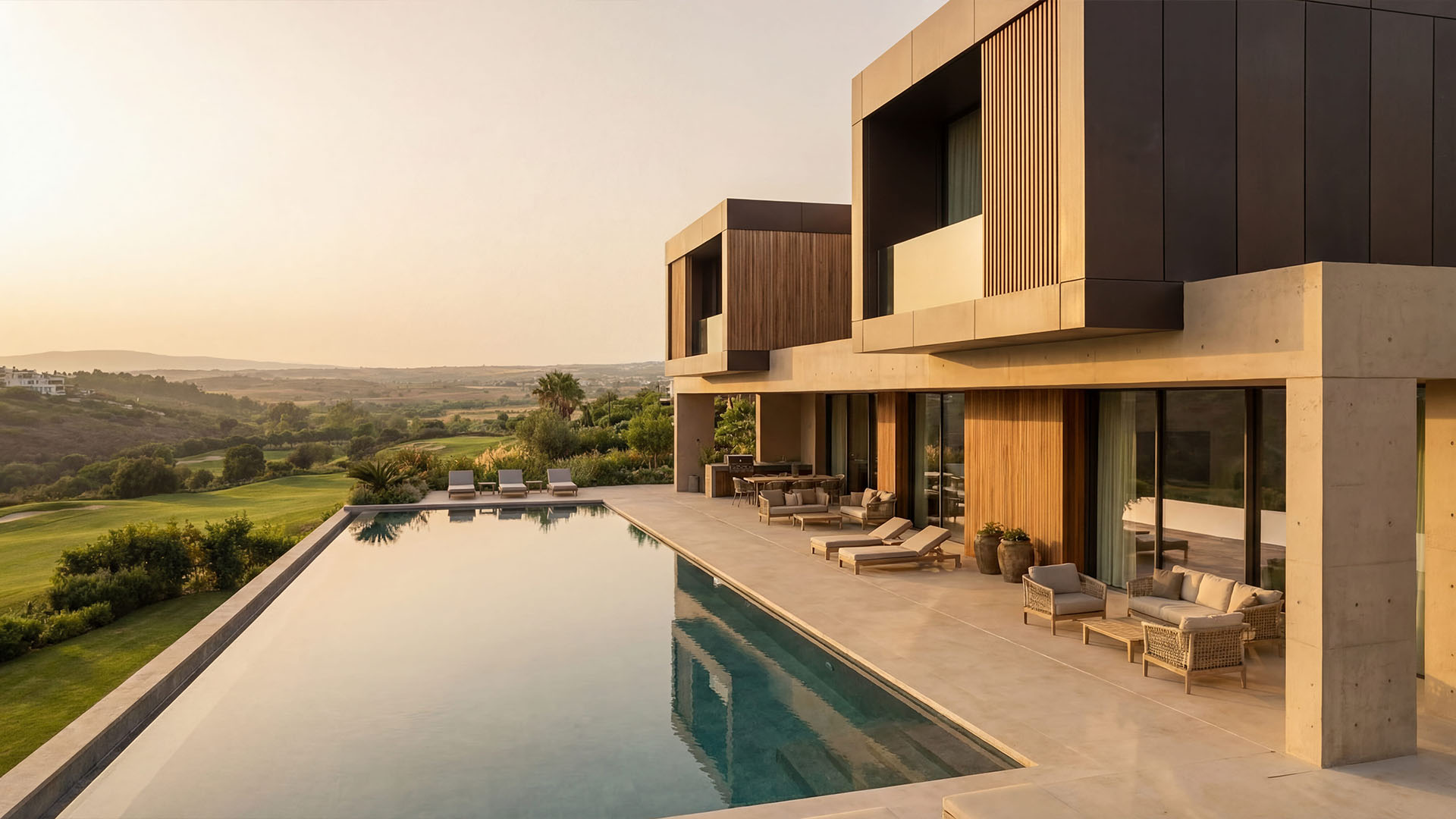 Exclusive Marbella villa terrace with infinity pool and golf course views