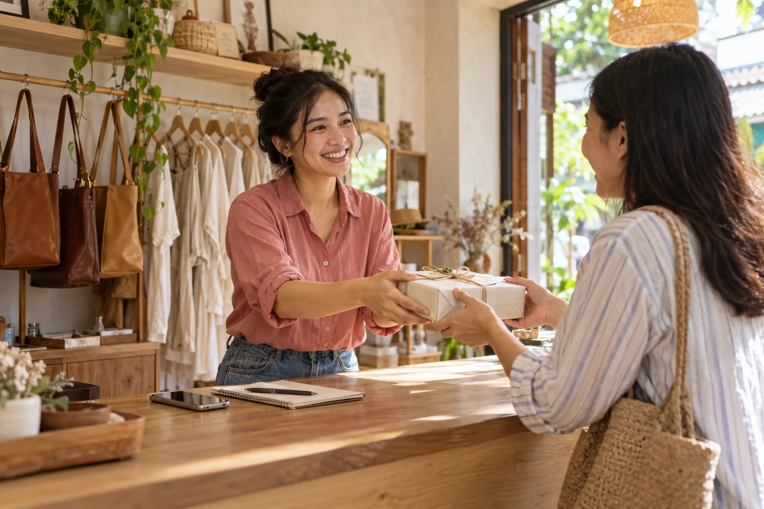 Boutique founder handing a wrapped order to a customer in a warm lifestyle shop
