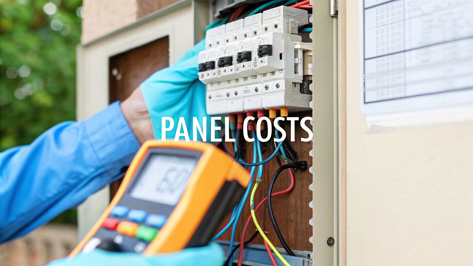 a man measuring the voltage of an electrical panel and the text 'panel costs' in the foreground