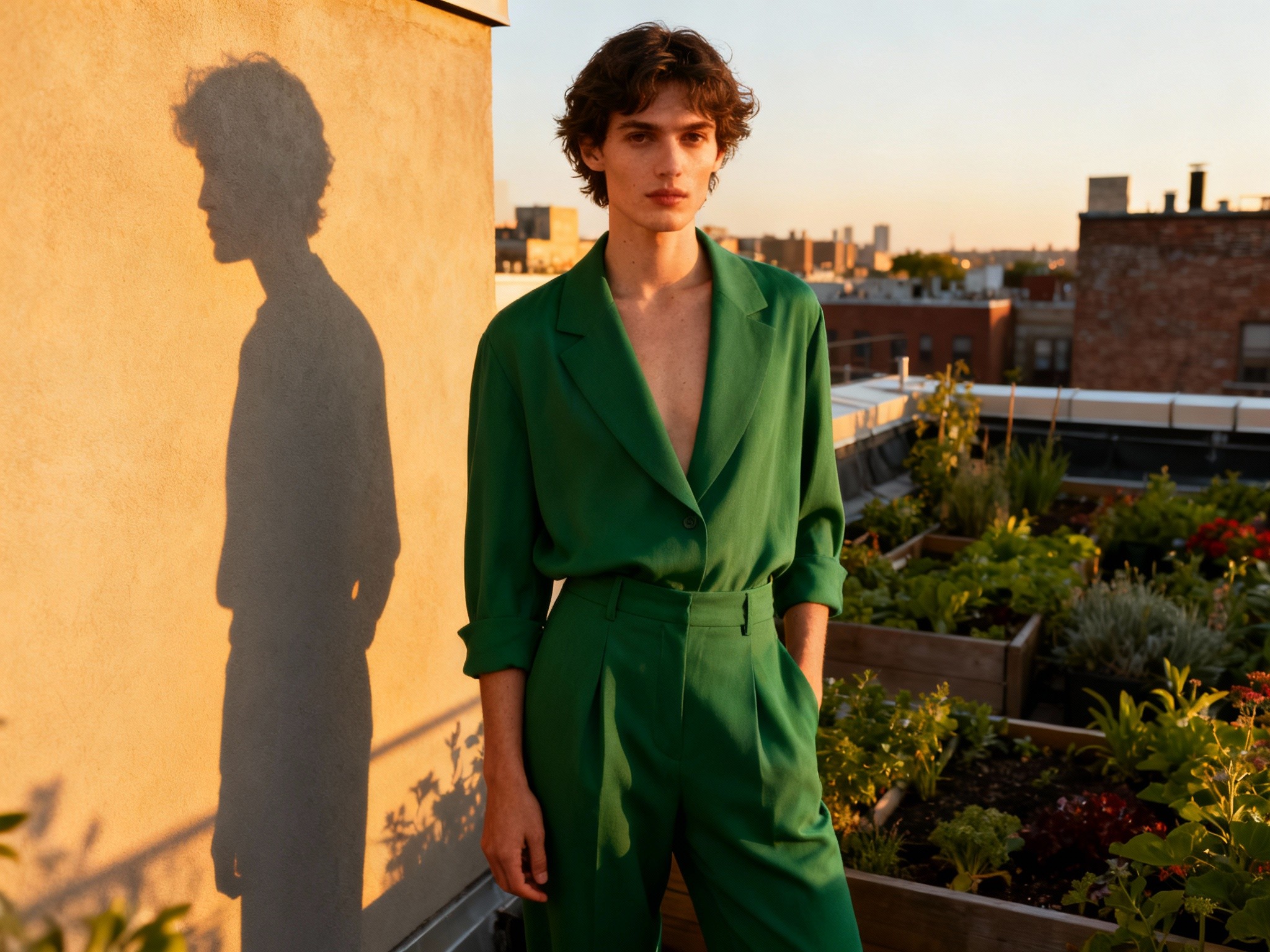 An editorial-style portrait of a model dressed in hunter green fashion attire standing against an