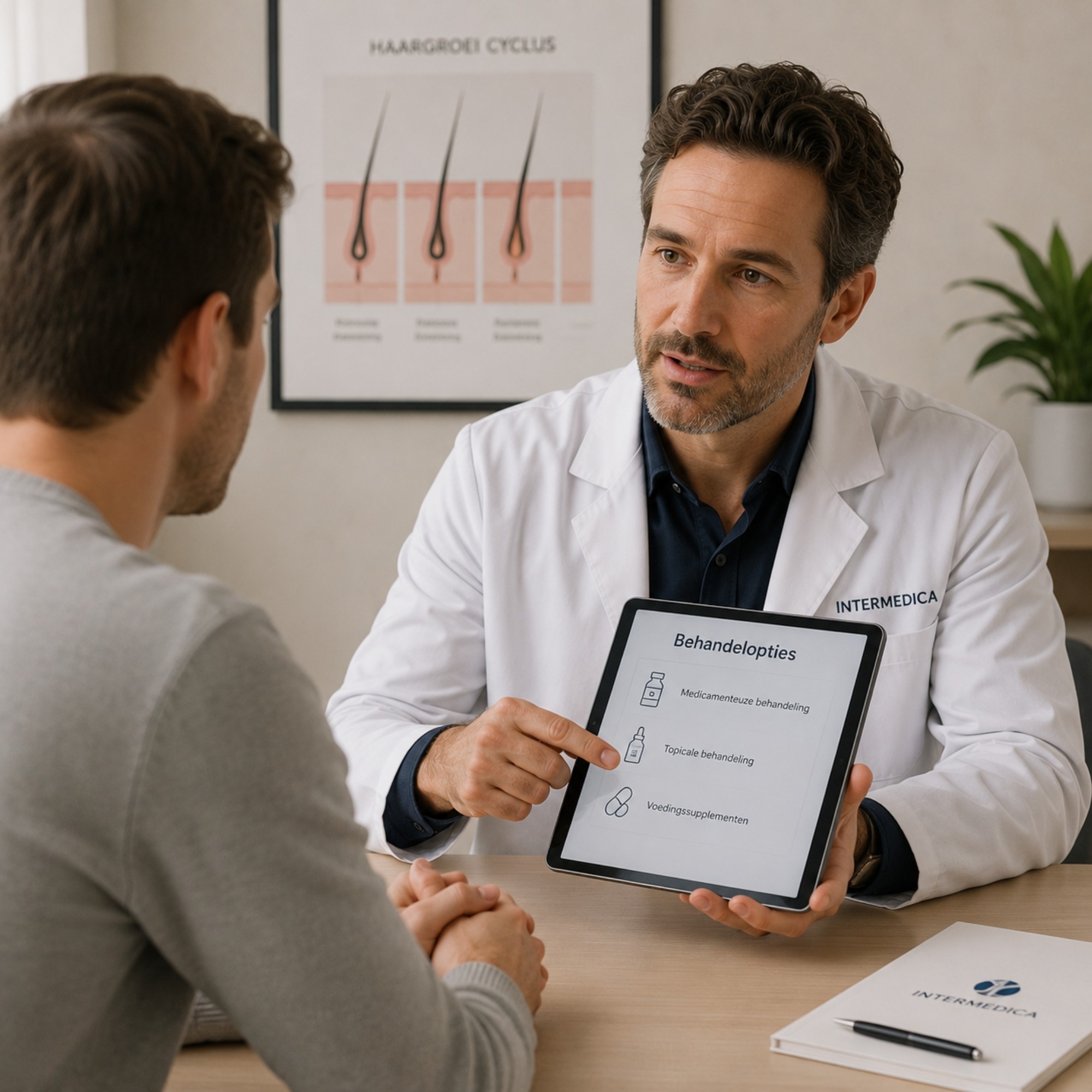 Specialist bespreekt de verschillende behandelmogelijkheden voor haarverlies met een patiënt tijdens een medisch haarconsult.