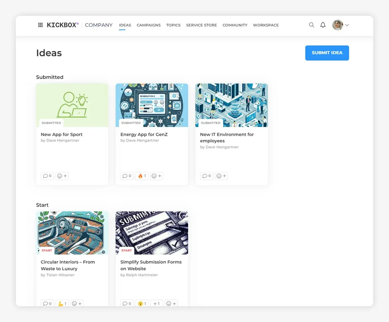 Screenshot of the idea overview on the rready platform