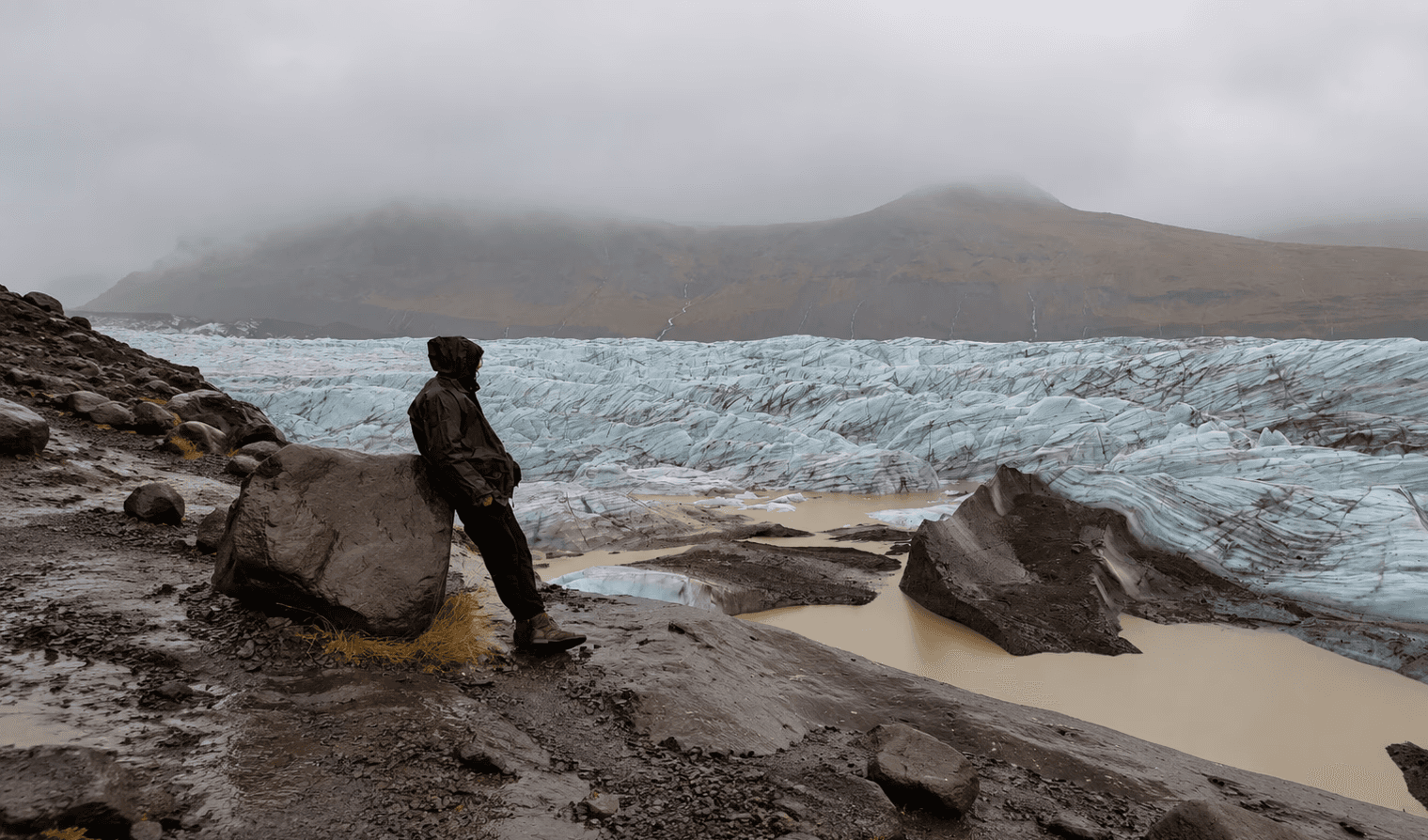 Santiago steht in Regenkleidung an einem Felsblock und blickt über das Gletschervorfeld auf die weite, zerklüftete Gletscherzunge in Island