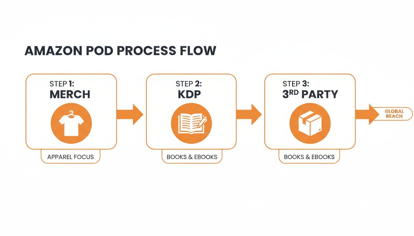 Amazon Print on Demand process flow showing steps for Merch (apparel), KDP (books & ebooks), and 3rd Party (books & ebooks), leading to global reach.