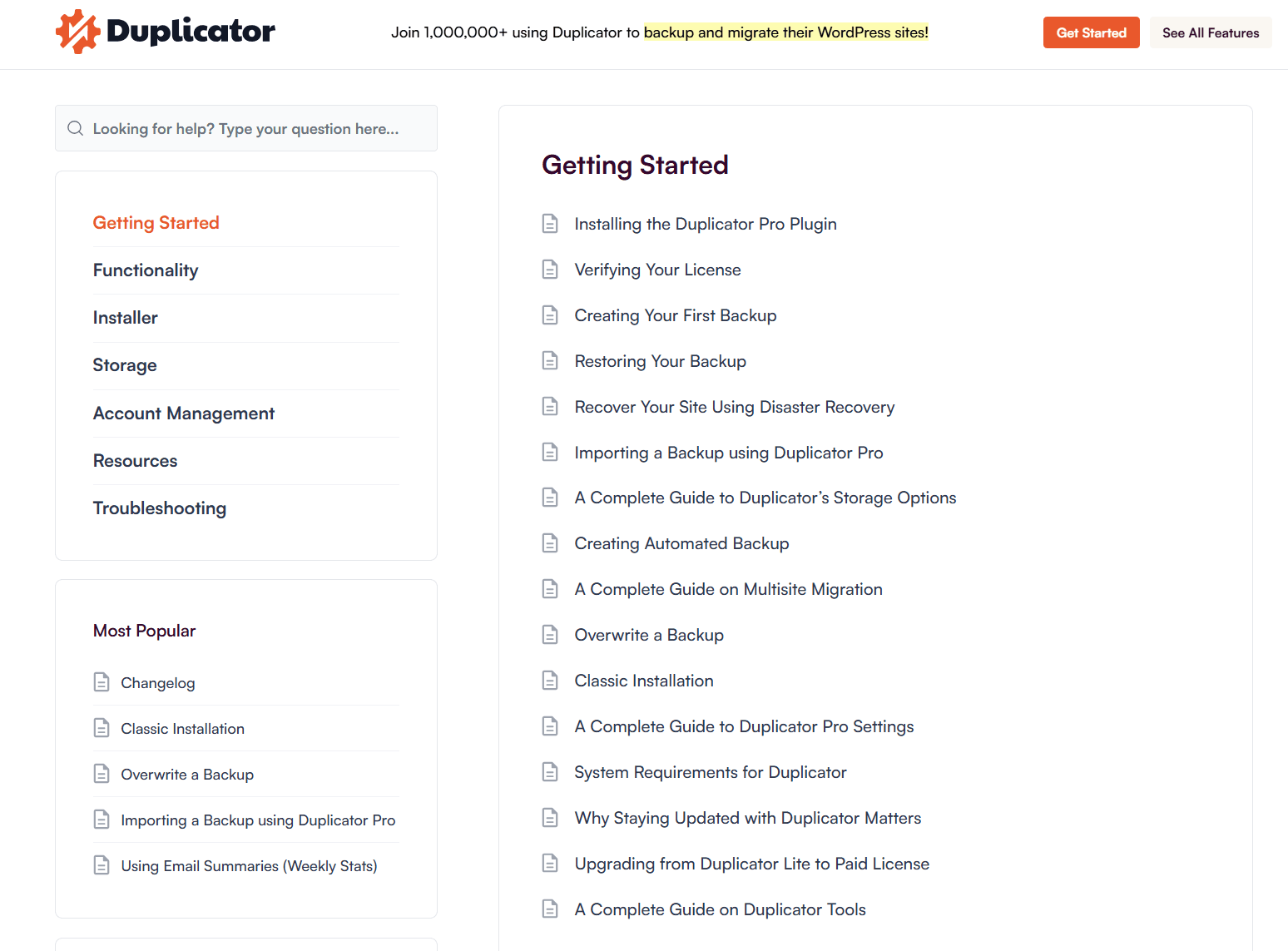 A clean knowledge base for a WordPress plugin called Duplicator