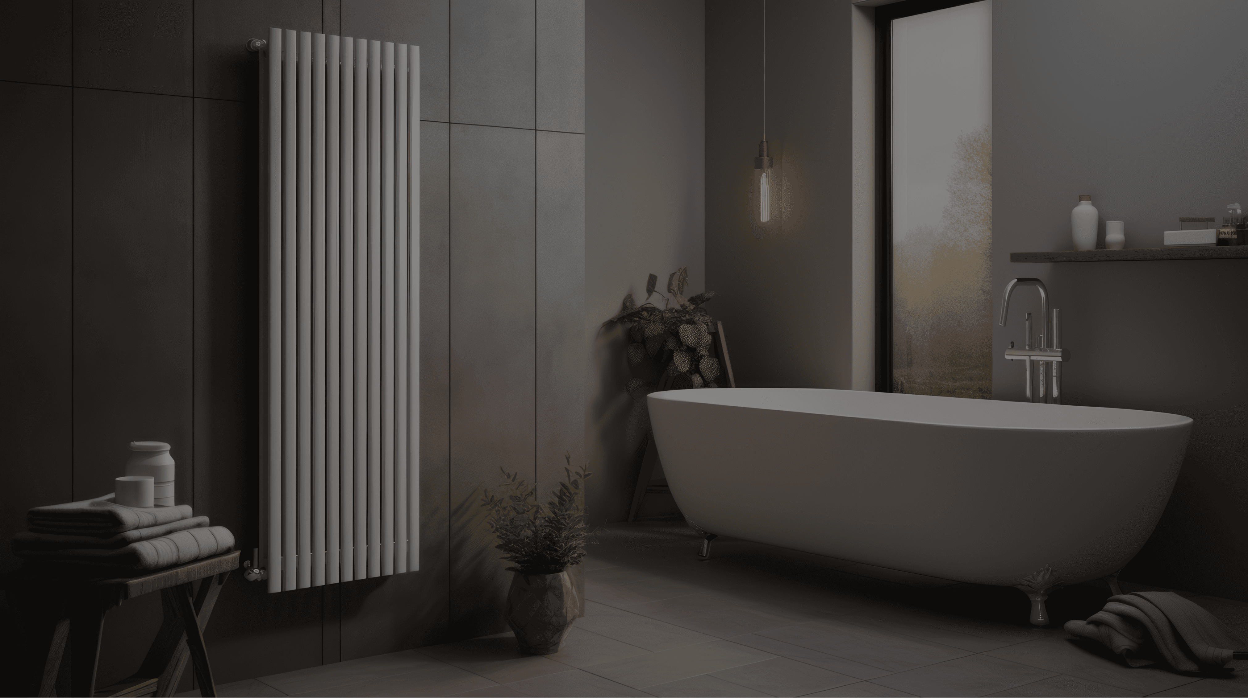 Modernes Badezimmer mit vertikalem Heizkörper – ideal für den effizienten Betrieb mit einer Wärmepumpe. Der Design-Heizkörper sorgt für angenehme Wärme bei niedrigen Vorlauftemperaturen und ergänzt das stilvolle Raumkonzept.