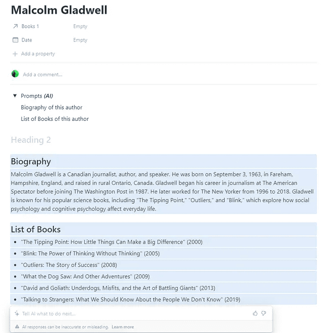 AI Generated Author biography inside a Notion page
