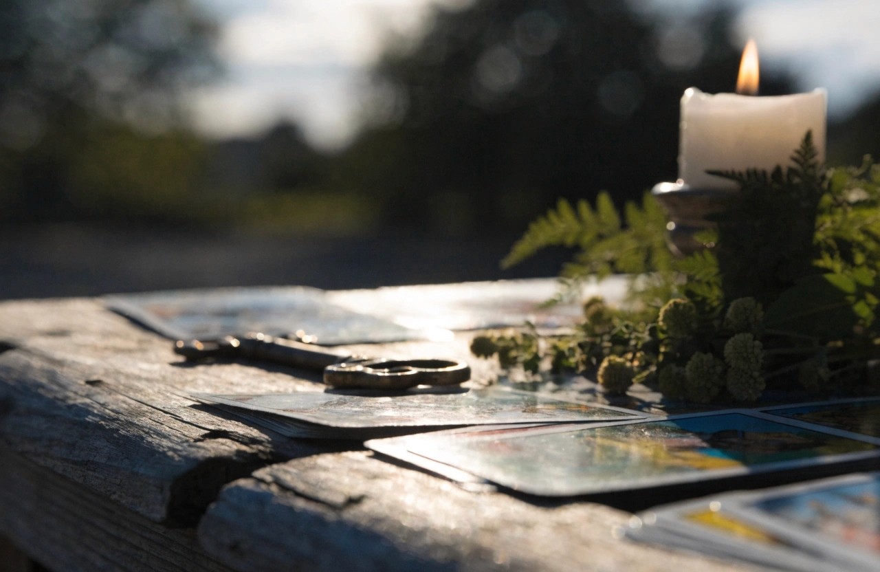 A realistic macro photograph of a beautiful Tarot card spread resting on a rustic wooden table outdoors during golden hour. An intricate #8C7D64 Aged Bronze key and a small bundle of wild summer herbs are arranged neatly beside the cards.