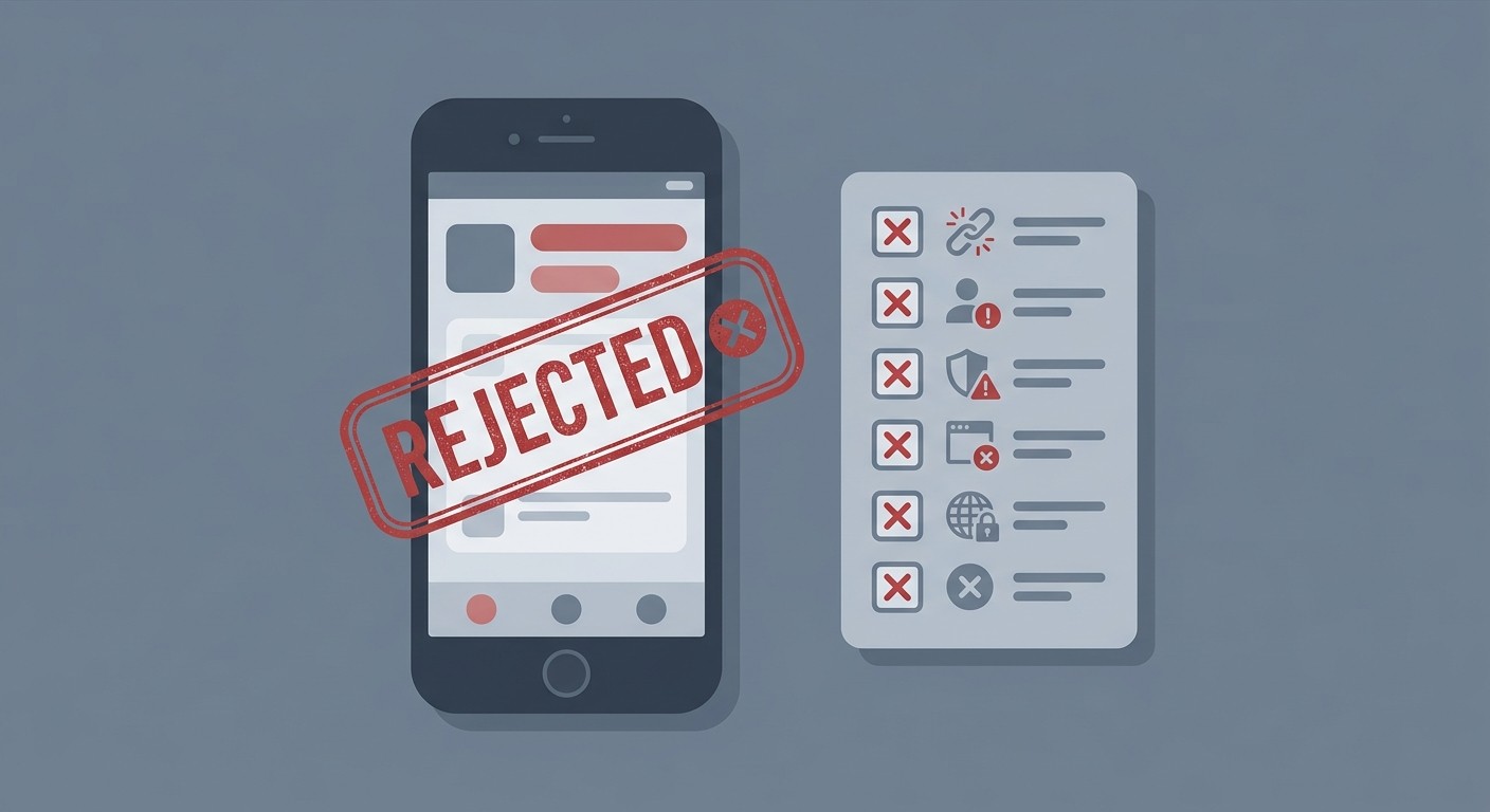 Illustration of a smartphone with a rejected stamp next to a checklist of app store rejection reasons