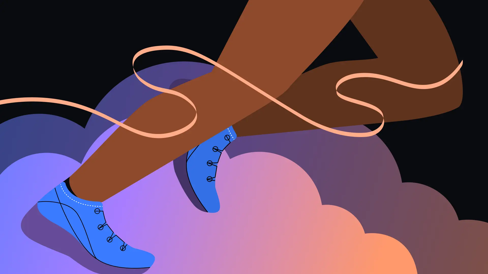 Illustration of a person running, showing one leg extended. They wear blue sneakers. The background features colorful, swirling clouds and dynamic lines, conveying motion and energy.