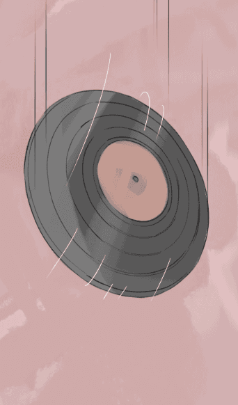 pink-toned storyboard panels show a vinyl record being sliced and falling onto a turntable