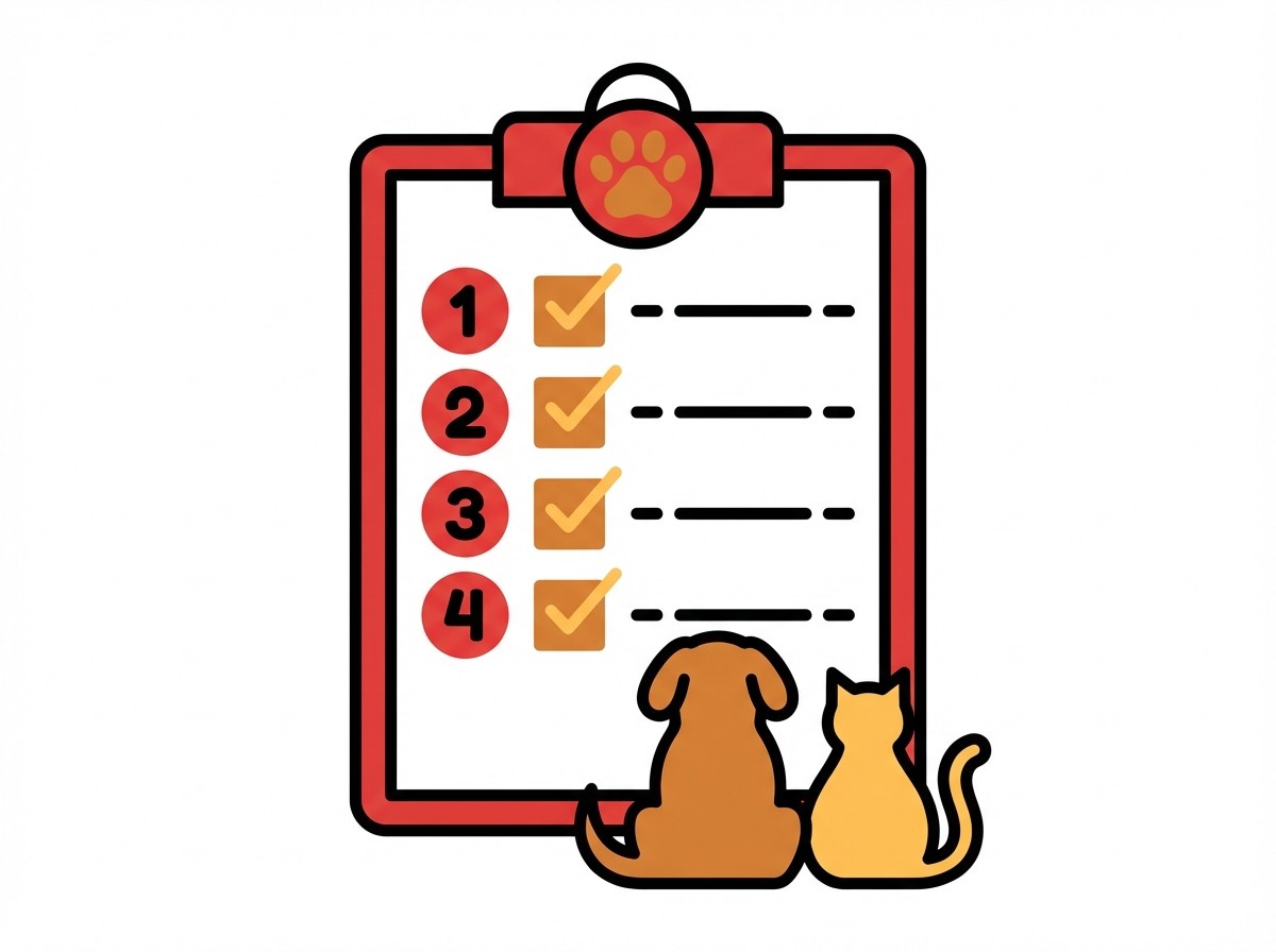 Ein Hund und eine Katze sitzen vor einer Checkliste mit abgehakten Punkten.