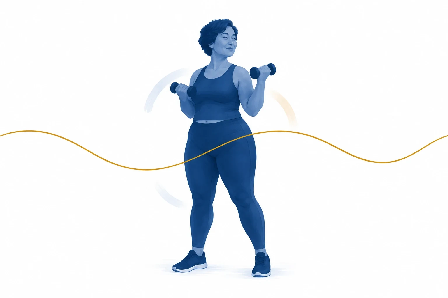 Mulher curvilínea fazendo exercício com halteres, representada em azul e acompanhada pelo fio dourado.