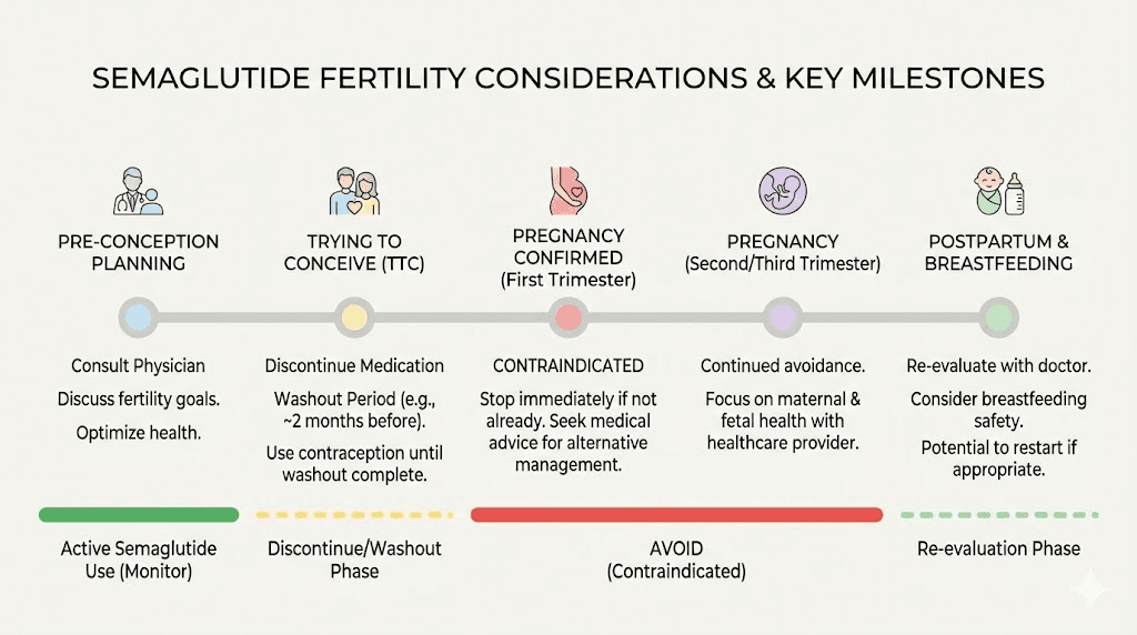 Semaglutide and fertility timeline showing when to stop medication before planned pregnancy