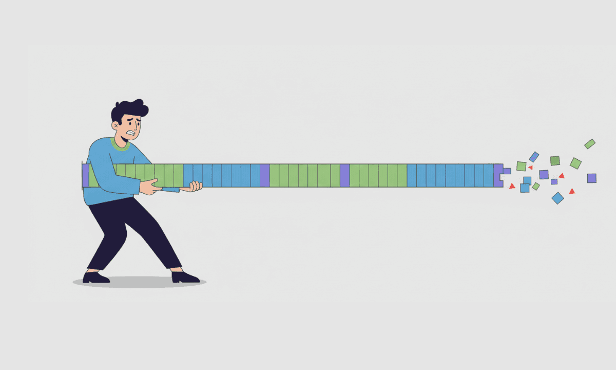 Illustration of a frustrated video editor struggling to hold an overly long, cluttered video timeline as pieces break apart, representing timeline lag and performance issues in video editing software.
