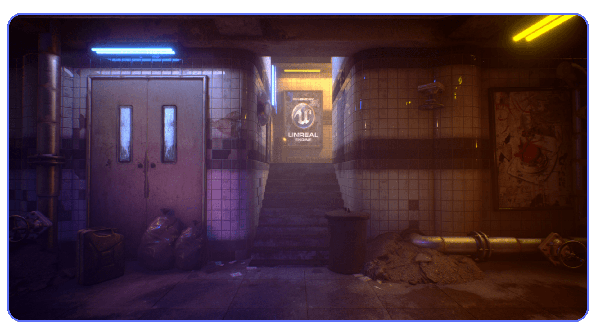 Cinematic Unreal Engine render of a dimly lit subway stairwell with colored lights, tiled walls, and environmental props.