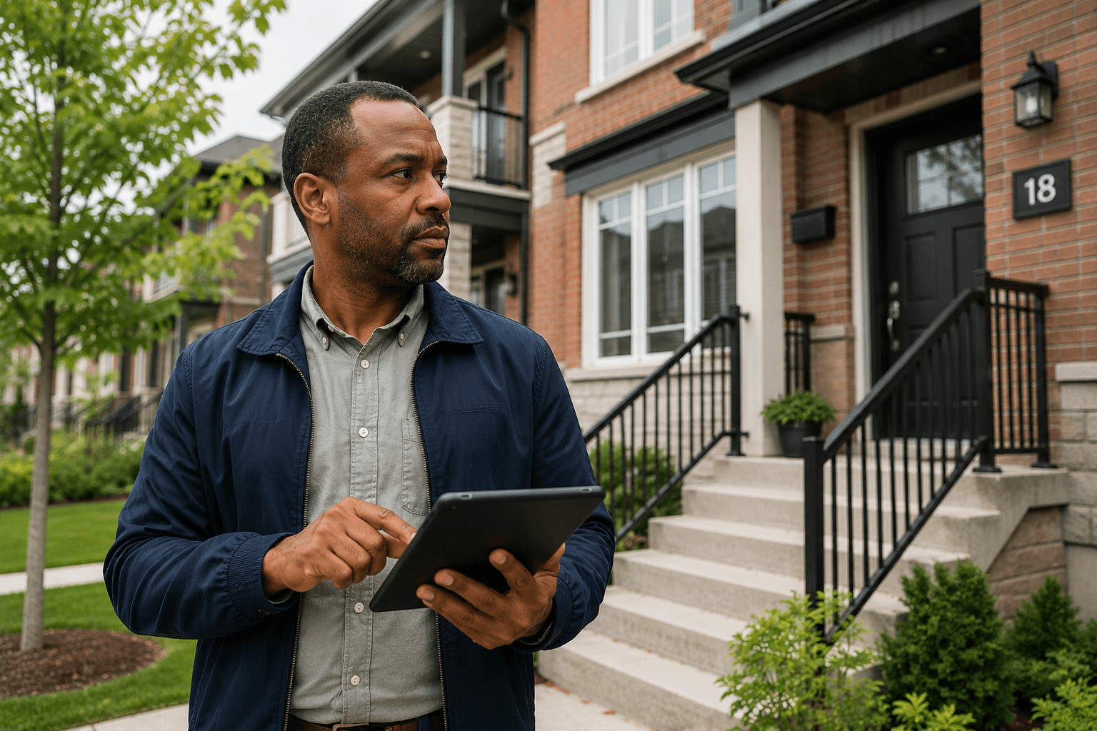 Property manager inspecting an Ontario rental property while reviewing information on a tablet outside a residential home.