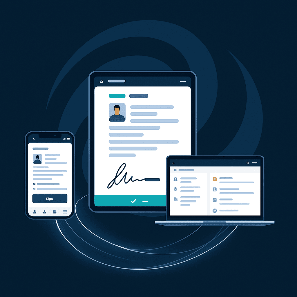 A smiling woman doctor is sitting at her desk and looking at a computer screen showing a medical screening test.