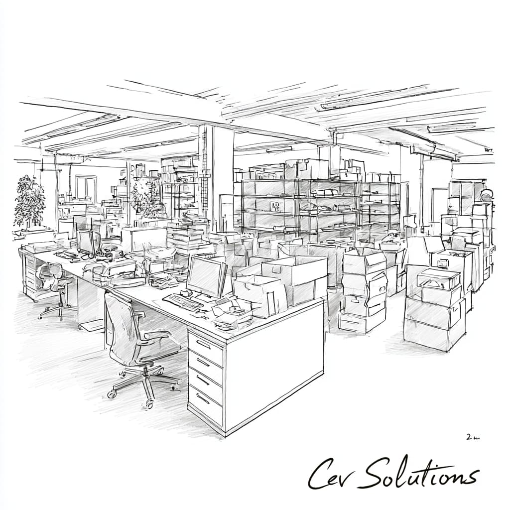 Monochrome Bleistiftzeichnung eines Büros oder Lagers mit Schreibtischen und Regalen, die geleert werden, Kartons und Ausstattung werden entfernt, mit der Unterschrift Cev Solutions in der unteren rechten Ecke