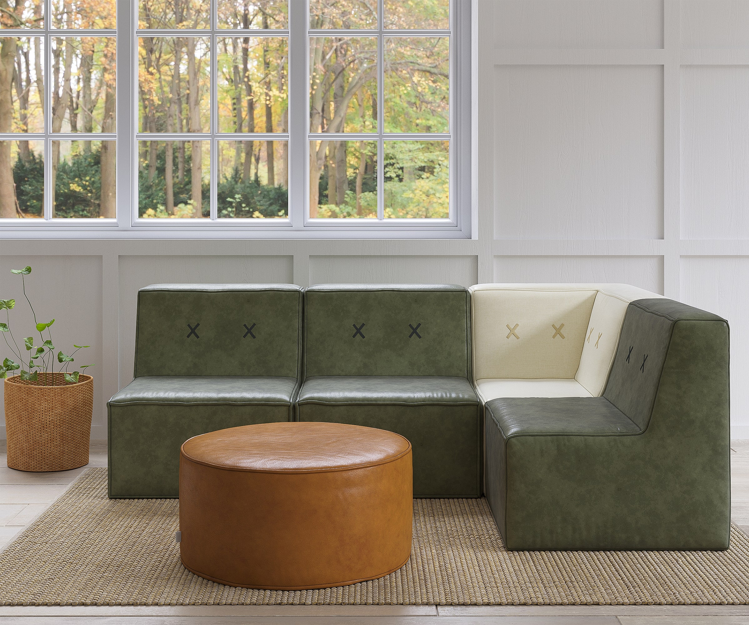 Cozy corner seating area with green sofa and wooden table in a bright interior