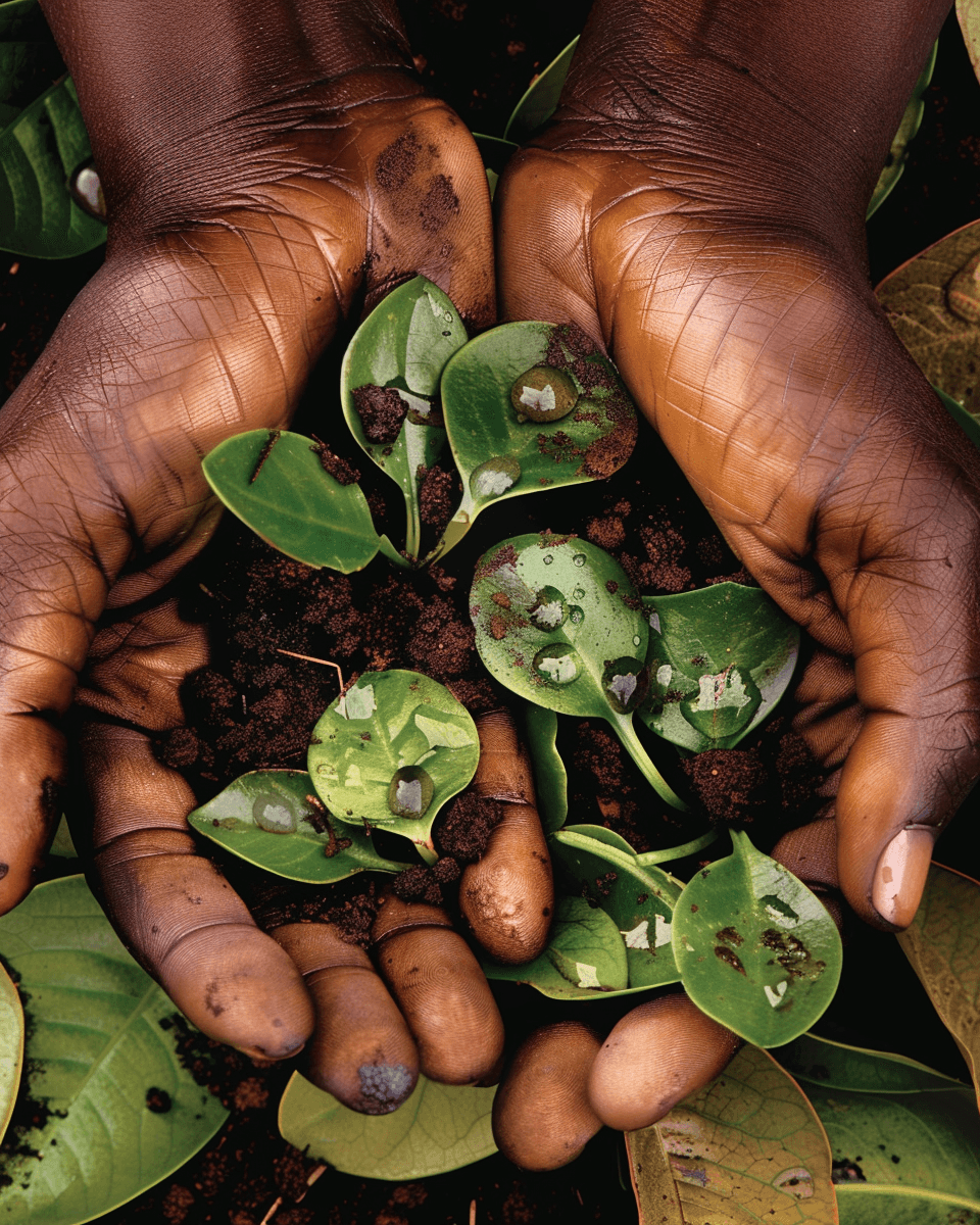 hand with green leaves