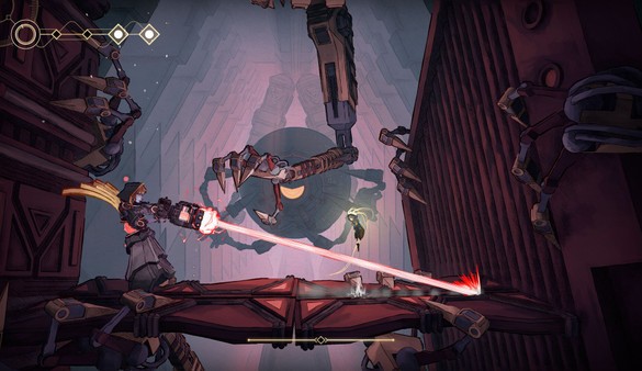 Screenshot Mio Memories in Orbit sur PC Steam, affrontement contre un ennemi mécanique géant avec rayons laser, gameplay action plateforme et combats dynamiques