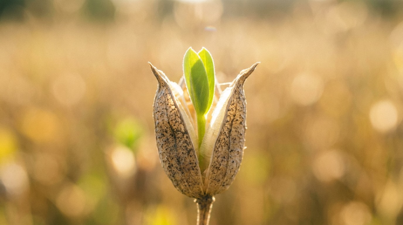 Macro shot of a seed pod opening to reveal a fresh green sprout, symbolizing personal growth and psychological transformation.