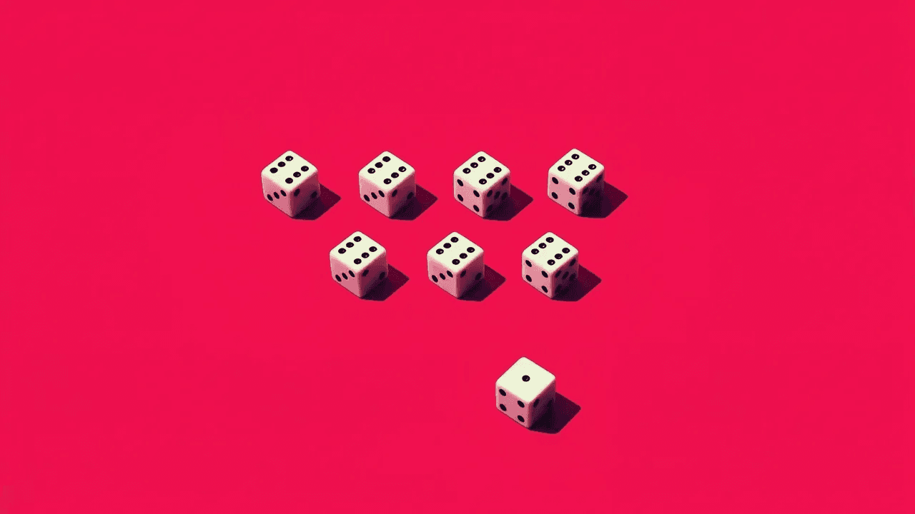 Dice arranged on red background, clustered with one separated, symbolizing chance
