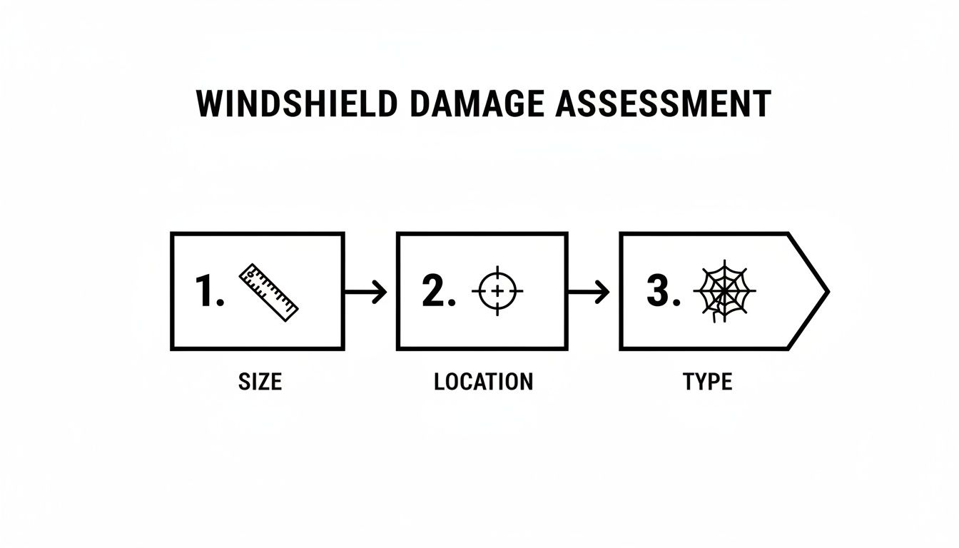 Diagram showing windshield damage assessment process with steps: 1. Size (ruler), 2. Location (target), and 3. Type (spiderweb).