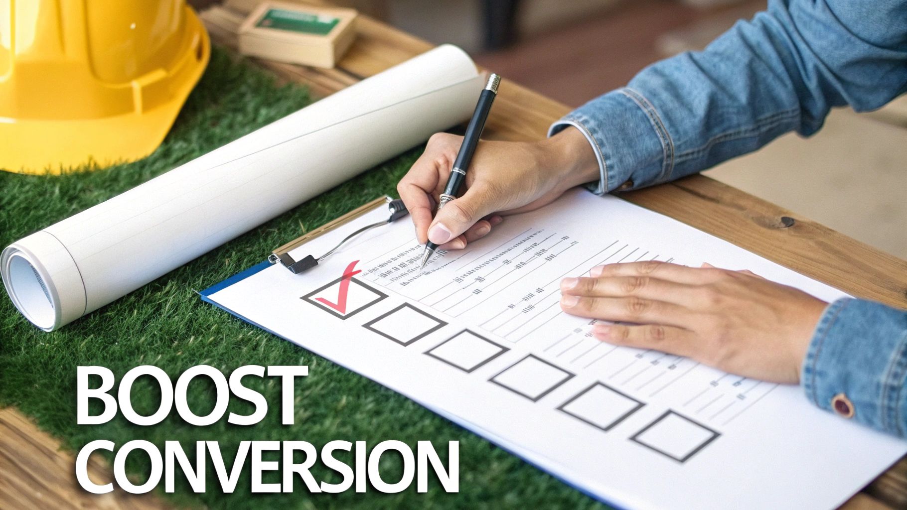 A person's hand marks a red checkmark on a checklist, symbolizing successful conversion on a desk.