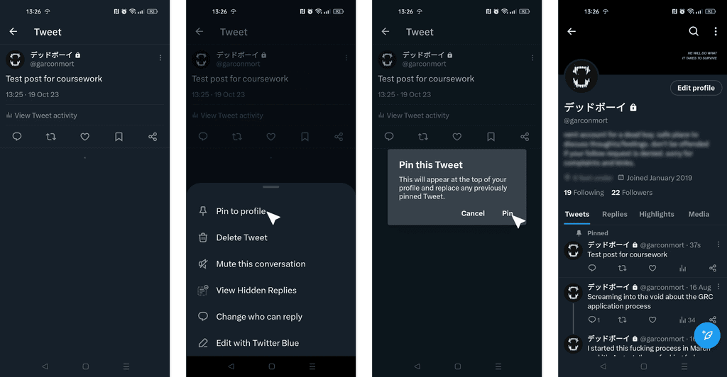 Four screenshots, showing the process of pinning a post on Twitter, and one showing the process on desktop.