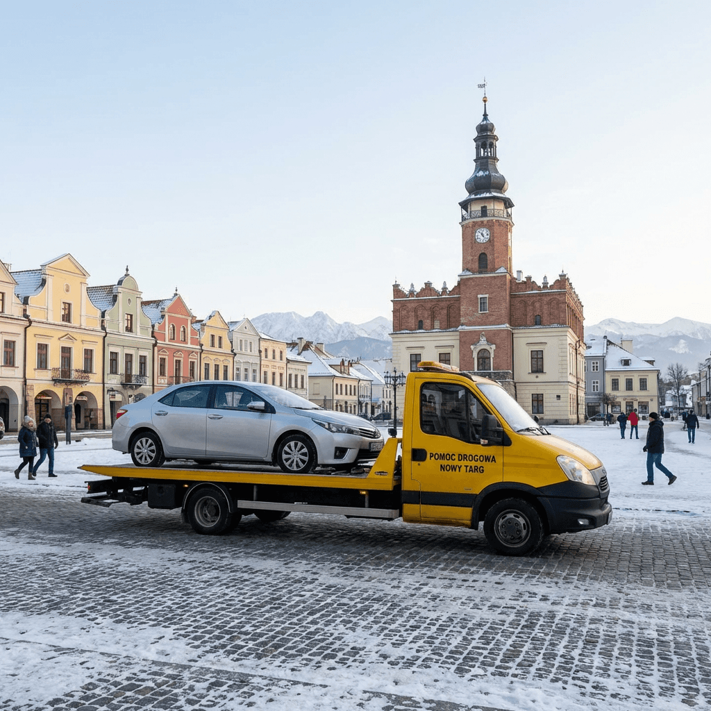 laweta Mago Car na drodze w okolicach Nowego Targu zimą