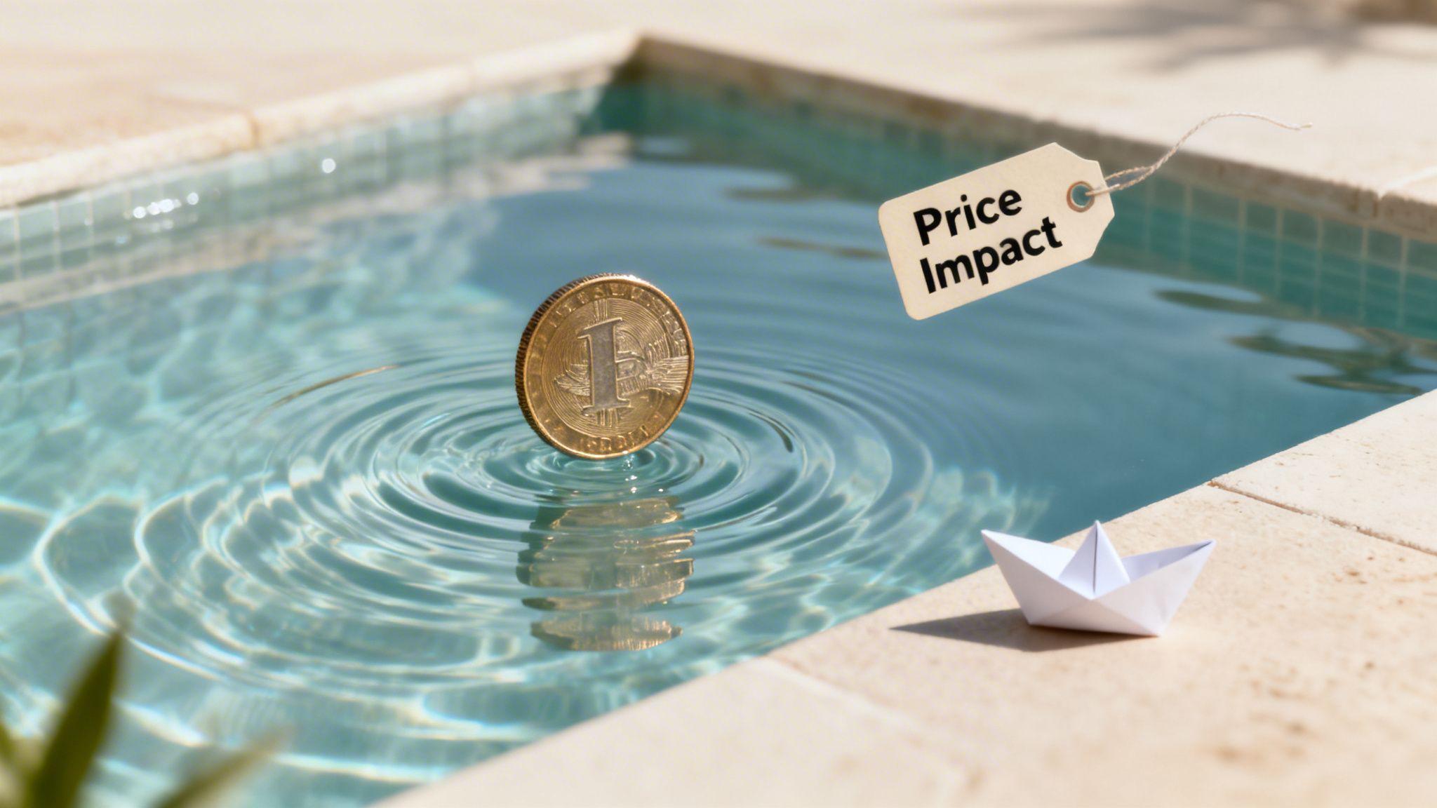 Golden coin in a pool creates ripples, symbolizing price impact, with a paper boat nearby.